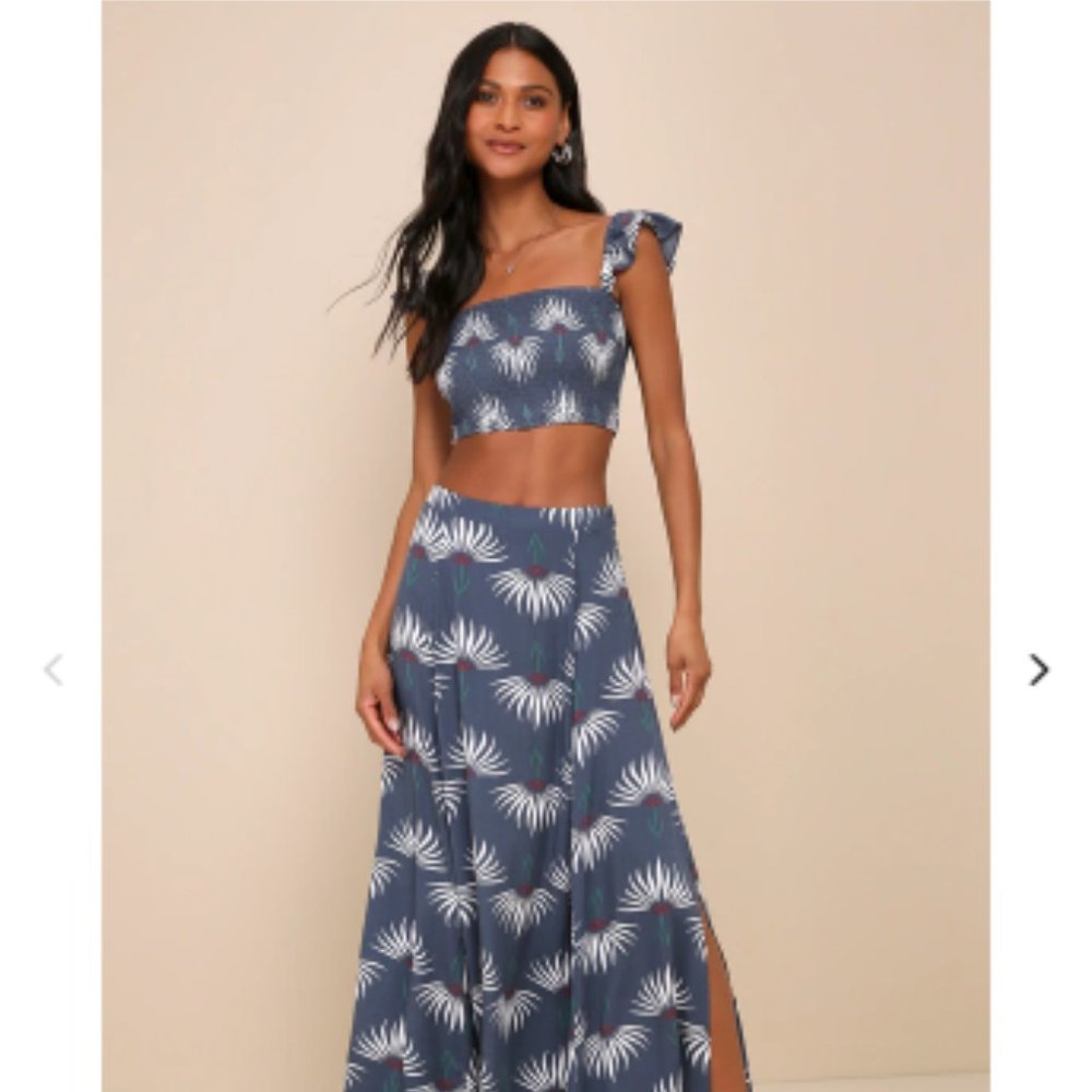 LULUS Dusty Blue Floral Print Two-Piece Maxi Dress Size Small